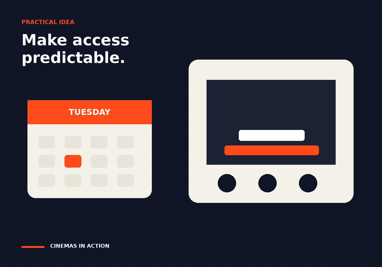 Editorial illustration of a Tuesday calendar beside a cinema screen displaying open captions.